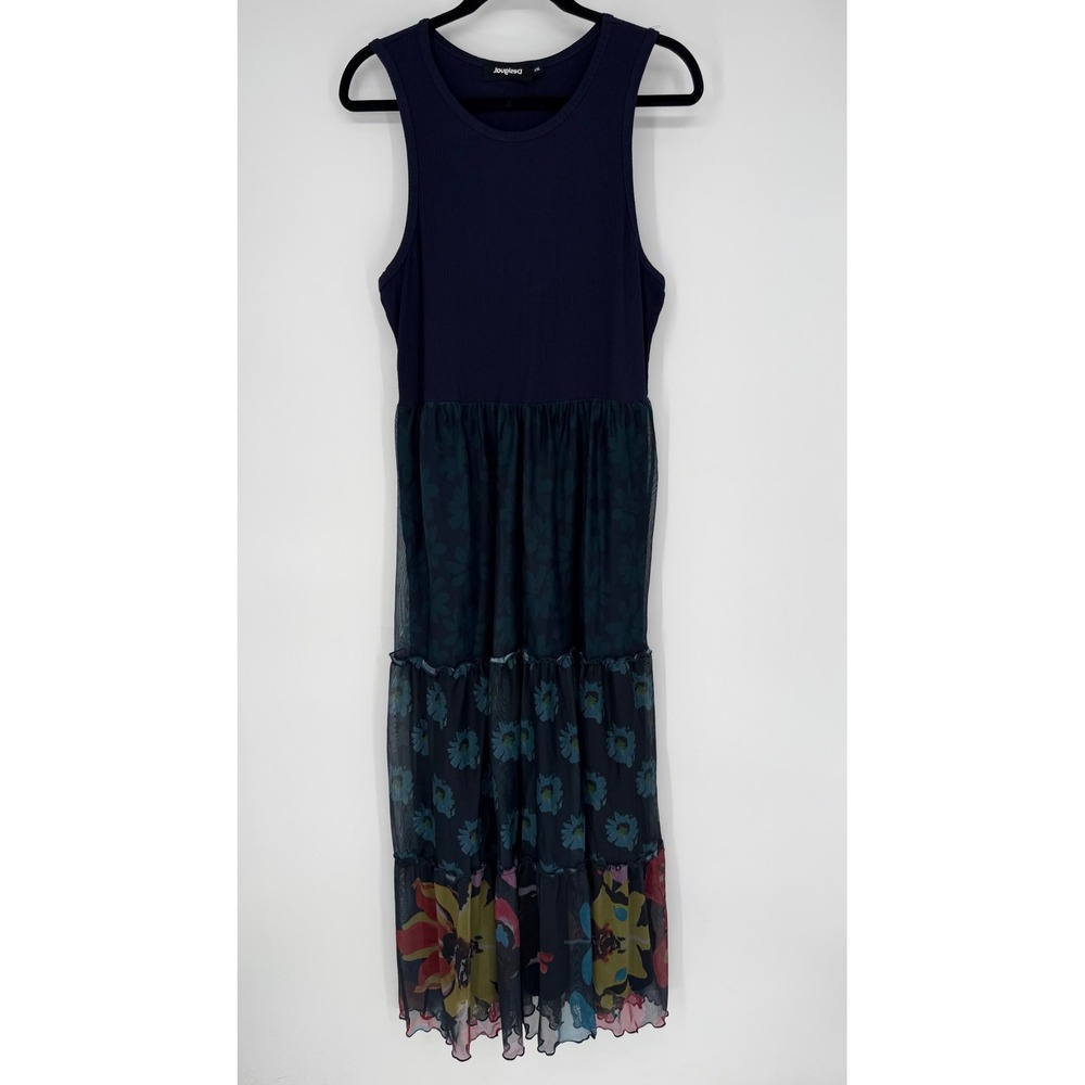 DESIGUAL VEST DUDAS MAXI‎ DRESS XXL RIBBED TIERED FLORAL NAVY BLUE -- FLAW